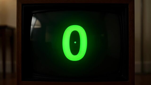 Retro television showing a countdown timer with green numbers. Digital screen displaying sequence four, two, one. Vintage monitor broadcasting broadcast signal.