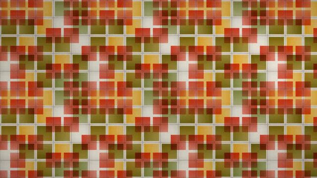 Translucent Cyan Magenta Yellow Gel Tiles Sliding Over Each Other in a Square Cell Grid, Seamless Loop in deep olive tones