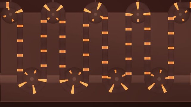 Festoon accumulator web loops breathing between roller banks, industrial process machine, seamless loop in rich red tones
