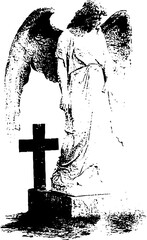 Fototapeta premium Grunge black and white weeping angel statue with cross stencil for memorial poster background and gothic design
