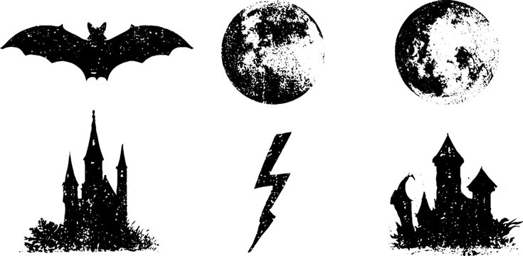 Bat moon castle and lightning grunge black stencil halloween set for spooky background, poster, label and seasonal design elements