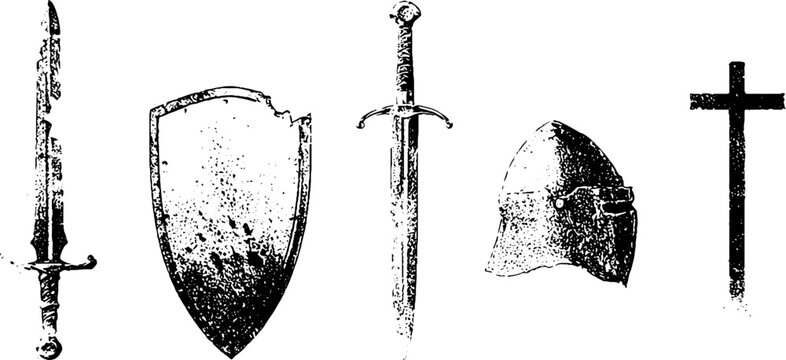 Grunge black white medieval sword shield helmet and cross stencil set for vintage poster and banner background design