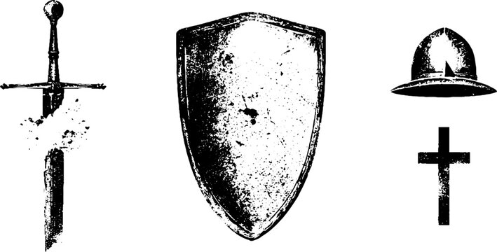 Grunge black white medieval dagger shield helmet and cross stencil set for vintage banner background and poster design