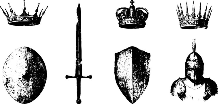 Black and white grunge medieval stencil set with crowns shields swords helmets and knights for poster and background design featuring distressed heraldry elements