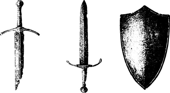 Grunge black and white pair of medieval swords and shield stencil trio for poster and background design with distressed texture and vintage look