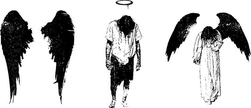 Grunge black and white fallen angel and wing stencil trio with distressed figures and halo for poster and background design