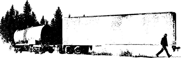 Obraz premium Long semi truck and tanker with walking figure by trees in grunge black and white stencil for transport poster and background design