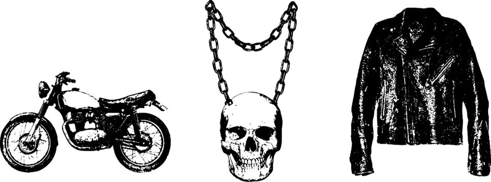 Black and white grunge motorcycle with skull pendant and leather jacket stencil set for biker apparel design and vintage poster background