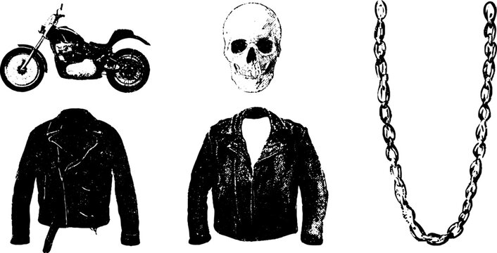Grunge black and white motorcycle stencil set with skull leather jackets long chain and classic bike for poster and patch design
