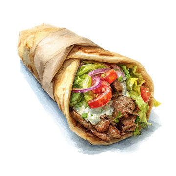 Watercolor painting of Beef Shawarma, detailed and artistic vector illustration on a white background.