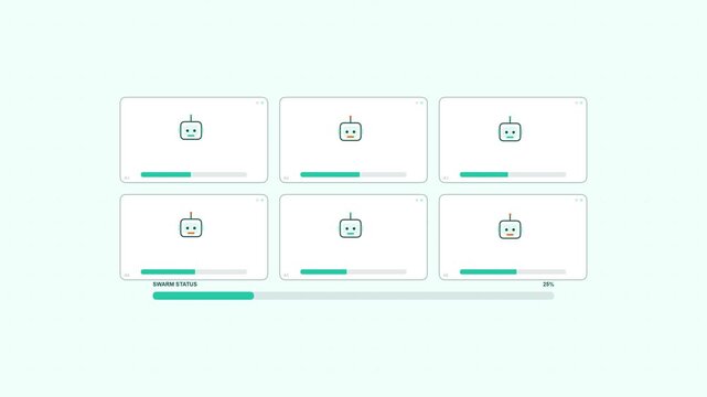 Swarm parallel grid animation. Grid of many small ai agents working simultaneously with progress flickers for massive parallel computing and swarm intelligence concept. Seamless loop motion graphic in
