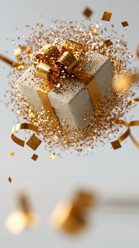 A festive gift box surrounded by sparkling glitter and golden ribbons.