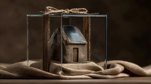 Miniature eco-friendly house wrapped in glass, symbolizing sustainable living.
