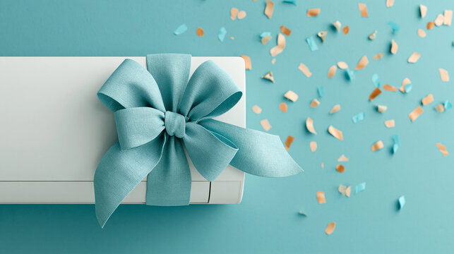 Gift with a turquoise ribbon and confetti scattered on a blue background.