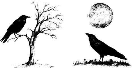 Naklejka premium Grunge perched raven stencil with barren tree moon and cemetery ground for halloween poster and background design