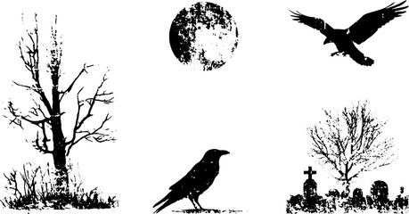 Naklejka premium Grunge black and white raven and graveyard stencil composition for halloween background and poster design with tree moon and flying bird silhouettes