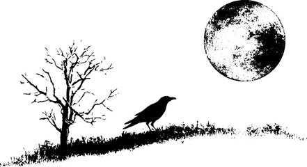 Naklejka premium Grunge black and white raven stencil landscape with full moon and bare tree for halloween background, banner and poster design in gothic monochrome style