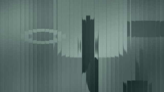 Reeded fluted glass with depth silhouettes sliced into shifting vertical strips seamless loop in calm teal tones