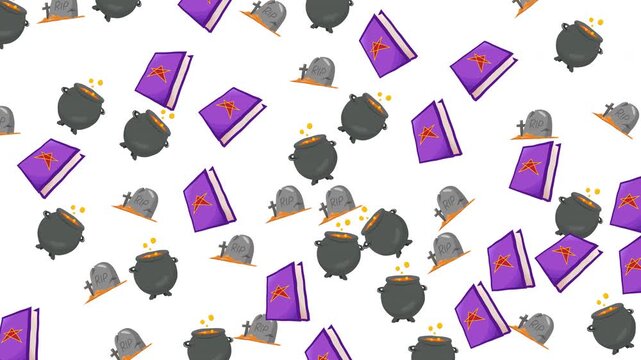 Halloween Seamless Pattern with Spell Books, Cauldrons and Tombstones