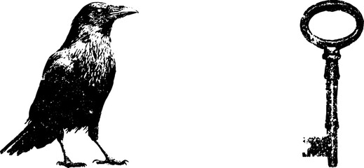 Naklejka premium Grunge black and white stencil raven and antique key illustration set for gothic background poster and halloween design