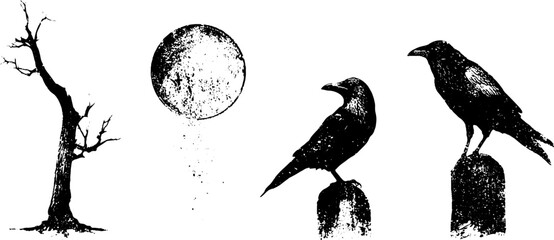 Naklejka premium Grunge black and white stencil leafless tree moon and two ravens perched on posts illustration set for gothic background poster and halloween design