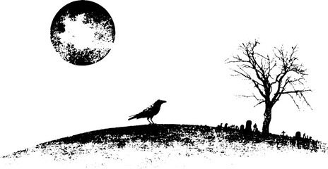 Naklejka premium Grunge black and white raven on hill stencil with barren tree moon and gravestones for halloween landscape background and poster