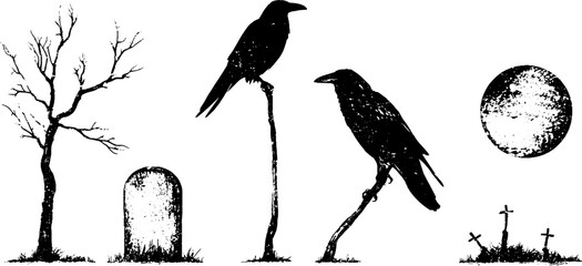 Naklejka premium Grunge black and white raven stencil set with bare trees moon and gravestones for halloween background and poster design