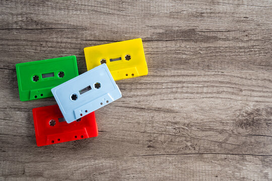 Retro music cassettes. Realistic old school audio recording technology.