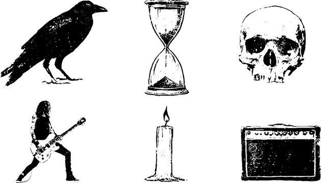 Grunge black white stencil set with raven skull hourglass candle guitarist and amp for poster banner and background design