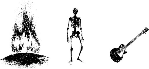 Fototapeta premium Grunge black and white stencil bonfire, standing skeleton and electric guitar trio for rock poster background and distressed banner design