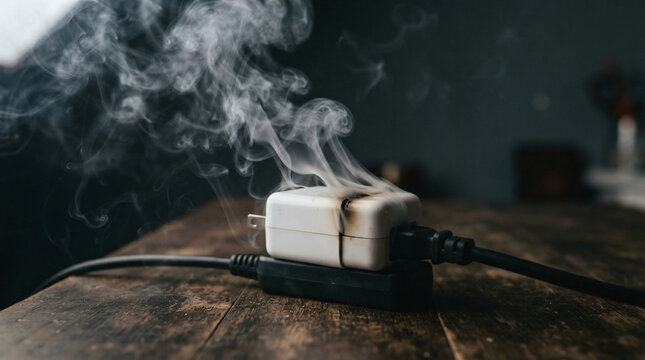 Concept stock photo of a faulty electronic adapter block smoking on a desk. Close-up of short circuit battery hazard and power supply failure with realistic smoke.