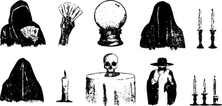 Grunge black and white tarot stencil icons set with crystal ball skull candles and card reader elements for occult poster and background design