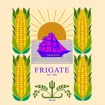 vector, vector graphics, corn, maize, corn cob, label, sticker, alcoholic beverages, spirits, alcoholic products, barley, wheat, rye, grain, cereals, grain crops, malt, grain malt, ship