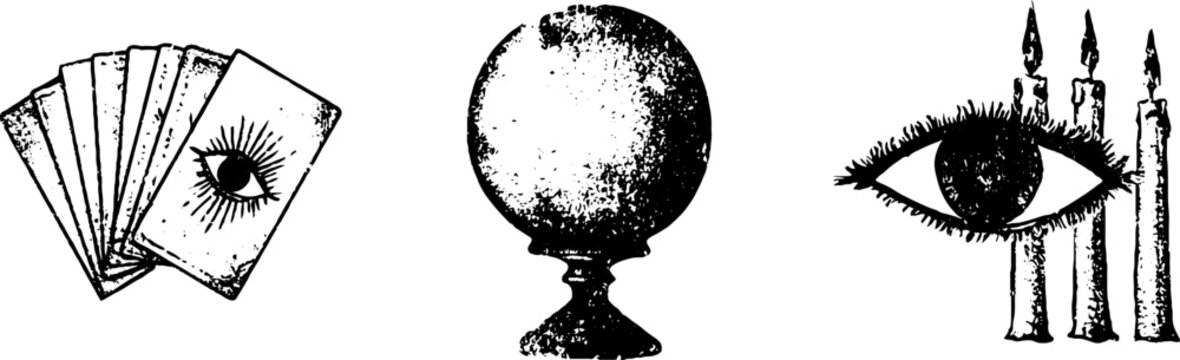 Grunge black and white tarot stencil set with tarot cards crystal ball and eye for occult background and poster