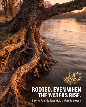 Exposed tree roots on riverbank at sunset, strong foundation concept with motivational text, resilient family values metaphor in golden hour light