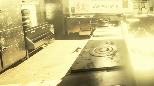 A kitchen is filled with sunlight during the morning. Tools are arranged on the counters. Some meat cuts hang on the wall. The floor shows signs of being used.