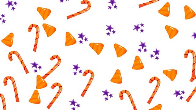 Seamless Halloween Pattern with Candy Corn, Candy Canes, and Purple Stars