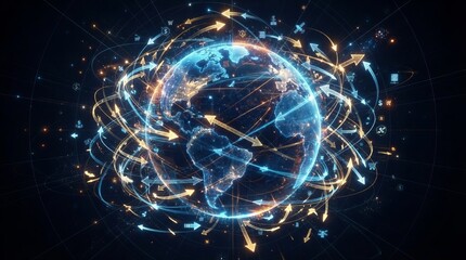 Naklejka premium Illuminated mesh globe surrounded by arrows representing global trade and digital connectivity
