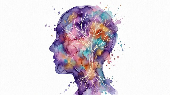 Vivid watercolor profile silhouette featuring intricate golden tree branches and vibrant splatters