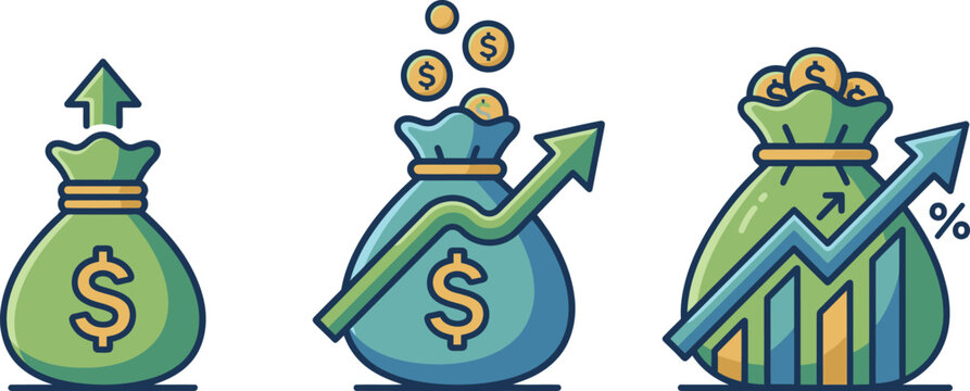 Money bags growth and financial investment vector set