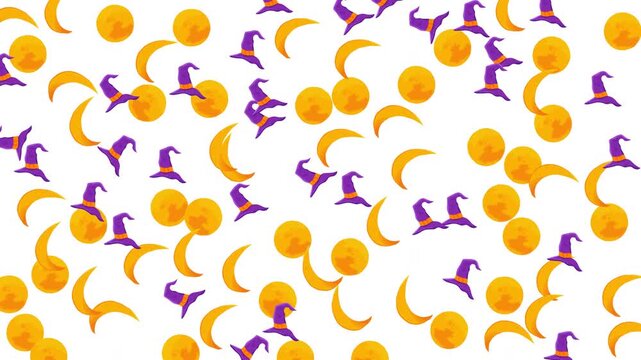 Halloween Seamless Pattern with Witch Hats and Golden Moons on White Background