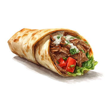 Stylized watercolor Beef Shawarma vector, modern artistic illustration with high-quality details on a pure white background.