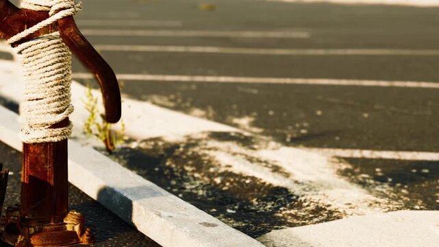 A worn water pump stands at the edge of a street. The concrete shows signs of damage from use. Surrounding area has light debris and patches of grass growing nearby.