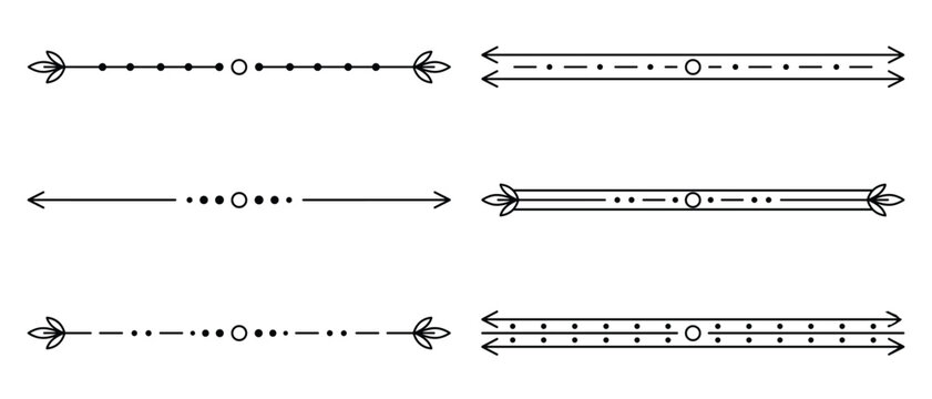 Line arrow divider dashed set. Hand drawn line doodle style dashed divider elements. Arrow dot circle border frame minimal decoration. Vector illustration