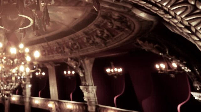 This theater interior shows ornate design elements like chandeliers, arches, and velvet curtains. The setting appears to be a performance venue, likely in the evening.