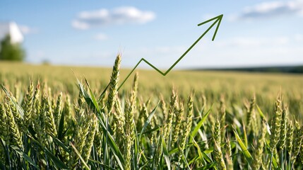 Obraz premium Successful New Year 2026 with Successful Objectives in Agriculture and Farming Concept Showing Growing Green Wheat Field with Upward Arrow Symbolizing Profit, Harvest and Business Growth