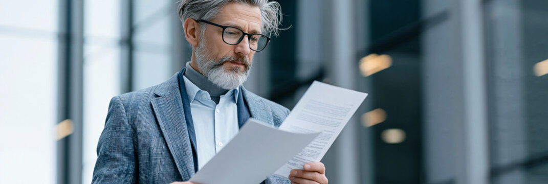 Businessman reviewing documents, showcasing focus and professionalism indoors.