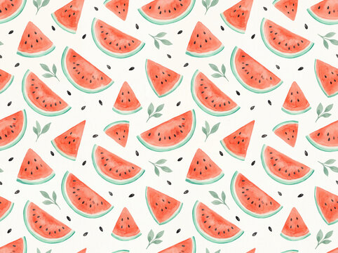 Watercolor watermelon slices seamless pattern with leaves and seeds