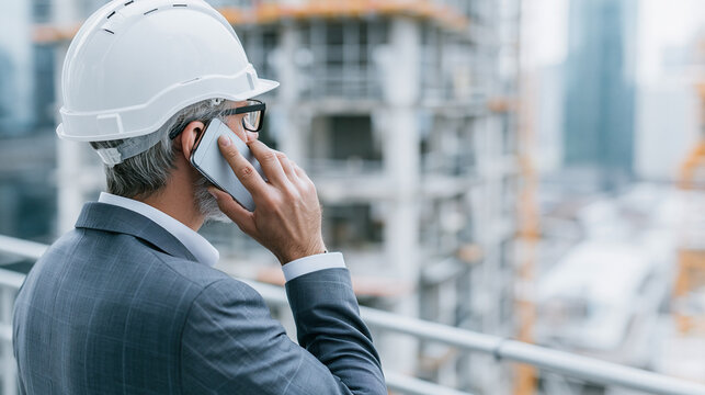 Businessman in a hard hat talking on the phone at a construction site.