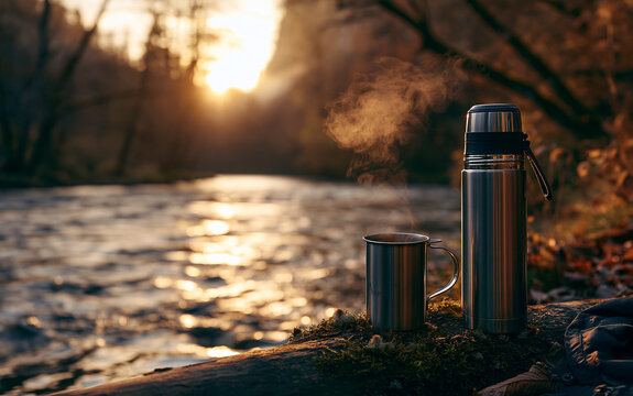 Outdoor relaxation and nature escape, steaming hot tea in a thermos by a tranquil river at sunset, camping and adventure